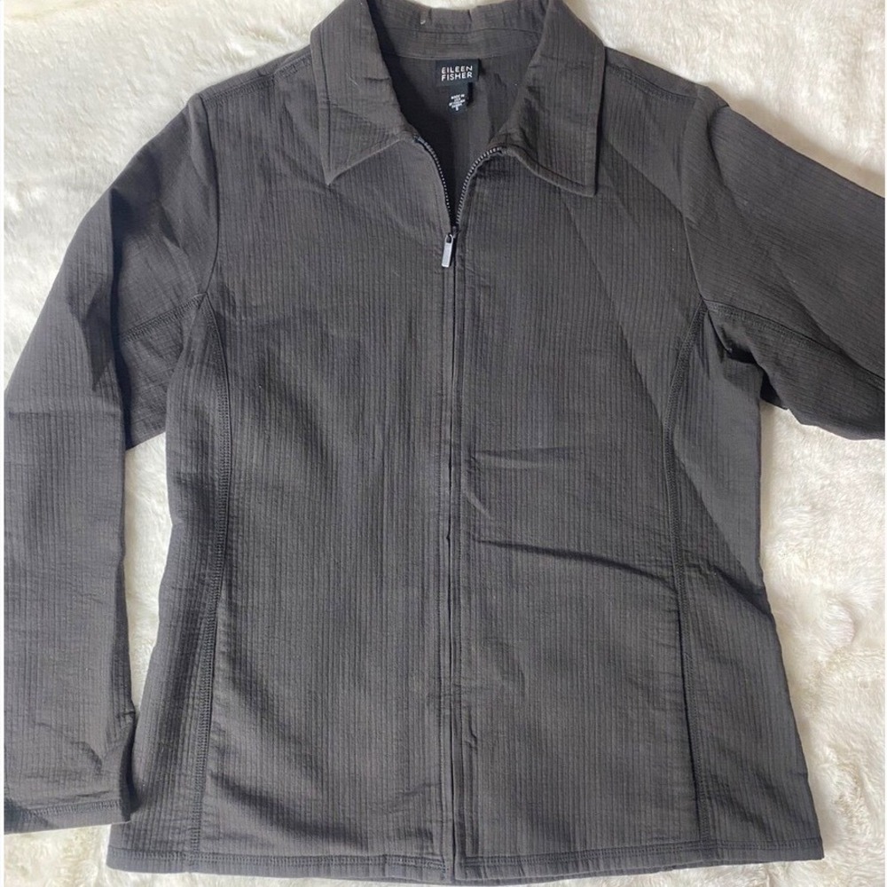 Eileen Fisher Grey 100% Cotton Ribbed Full Zip Jacket Italian Fabric Womens M